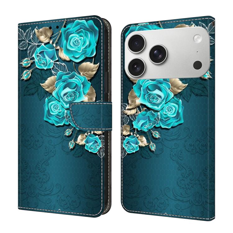 For iPhone 17 Pro Max Crystal-Like Painted Vegan Leather Phone Case(Blue Rose)