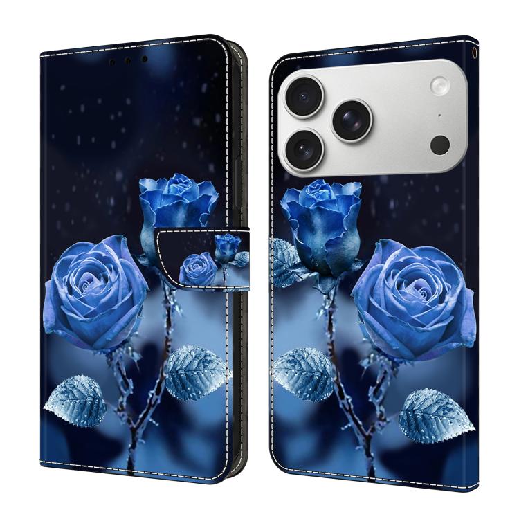 For iPhone 17 Pro Max Crystal-Like Painted Vegan Leather Phone Case(Blue Rose)