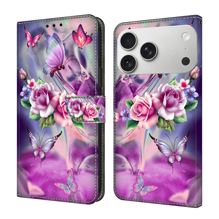For iPhone 17 Pro Max Crystal-Like Painted Vegan Leather Phone Case(Butterfly Flower)