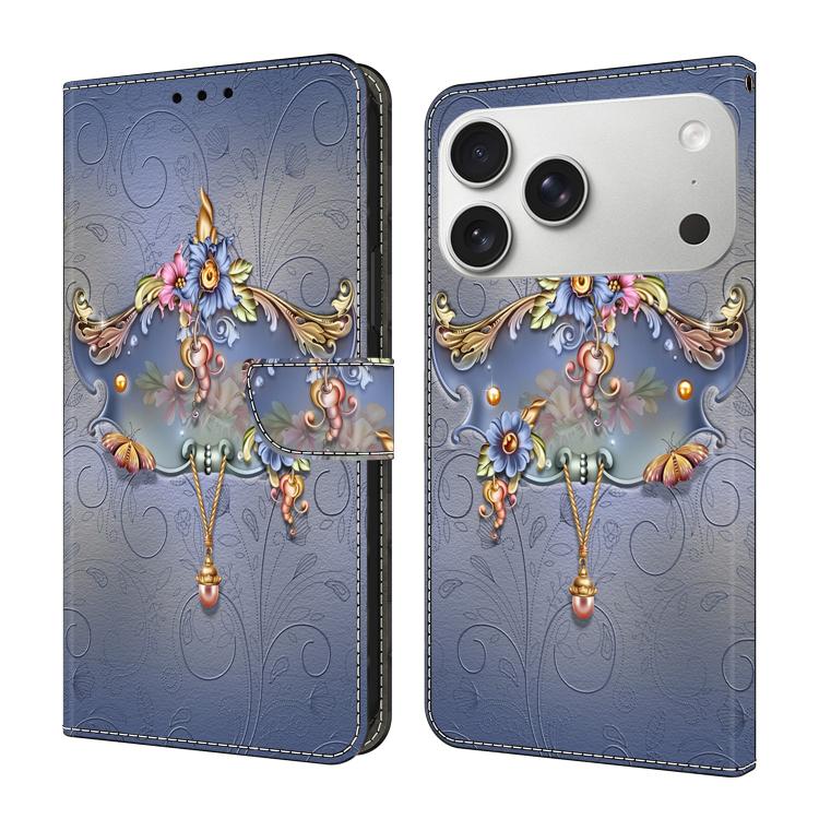 For iPhone 17 Pro Max Crystal-Like Painted Vegan Leather Phone Case(Carved Flowers)