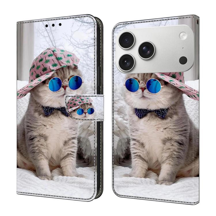 For iPhone 17 Pro Max Crystal-Like Painted Vegan Leather Phone Case(Cat)