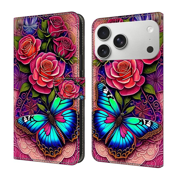 For iPhone 17 Pro Max Crystal-Like Painted Vegan Leather Phone Case(Colorful Butterfly)