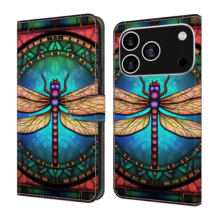 For iPhone 17 Pro Max Crystal-Like Painted Vegan Leather Phone Case(Colorful Dragonfly)