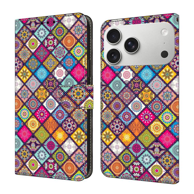 For iPhone 17 Pro Max Crystal-Like Painted Vegan Leather Phone Case(Colorful Ethnic)