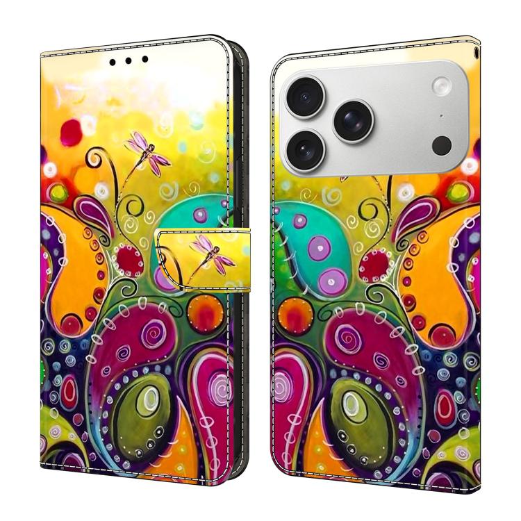 For iPhone 17 Pro Max Crystal-Like Painted Vegan Leather Phone Case(Colorful Floral Vine)