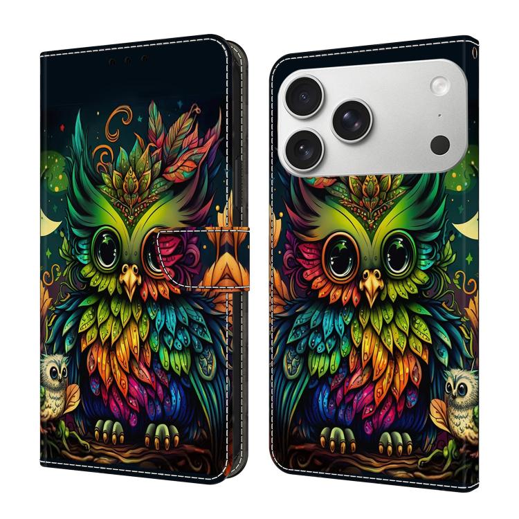 For iPhone 17 Pro Max Crystal-Like Painted Vegan Leather Phone Case(Colorful Owl)