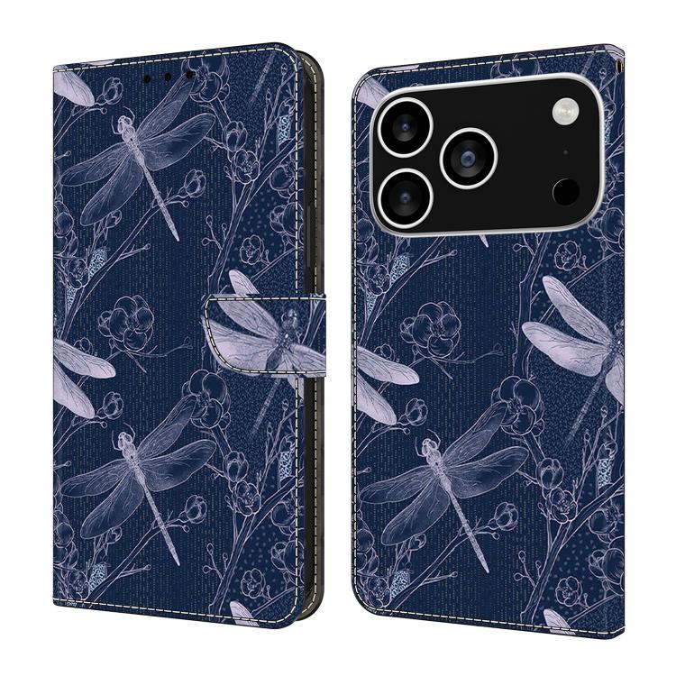 For iPhone 17 Pro Max Crystal-Like Painted Vegan Leather Phone Case(Dragonflies)