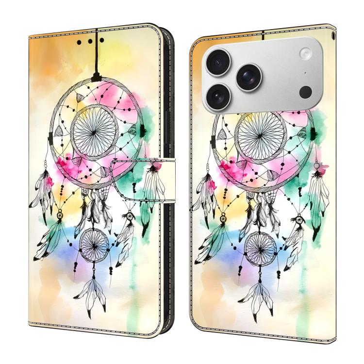 For iPhone 17 Pro Max Crystal-Like Painted Vegan Leather Phone Case(Feather Dreamcatcher)