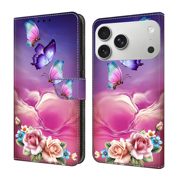 For iPhone 17 Pro Max Crystal-Like Painted Vegan Leather Phone Case(Flower Butterfly)