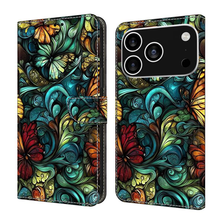 For iPhone 17 Pro Max Crystal-Like Painted Vegan Leather Phone Case(Flowers)