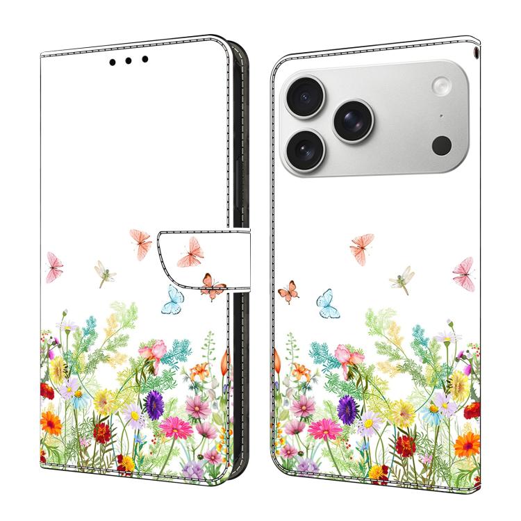 For iPhone 17 Pro Max Crystal-Like Painted Vegan Leather Phone Case(Flowers and Plants)
