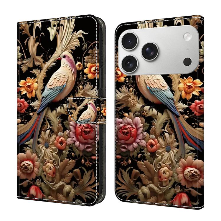For iPhone 17 Pro Max Crystal-Like Painted Vegan Leather Phone Case(Flowers Bird)