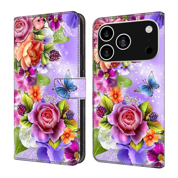 For iPhone 17 Pro Max Crystal-Like Painted Vegan Leather Phone Case(Fresh Flowers)