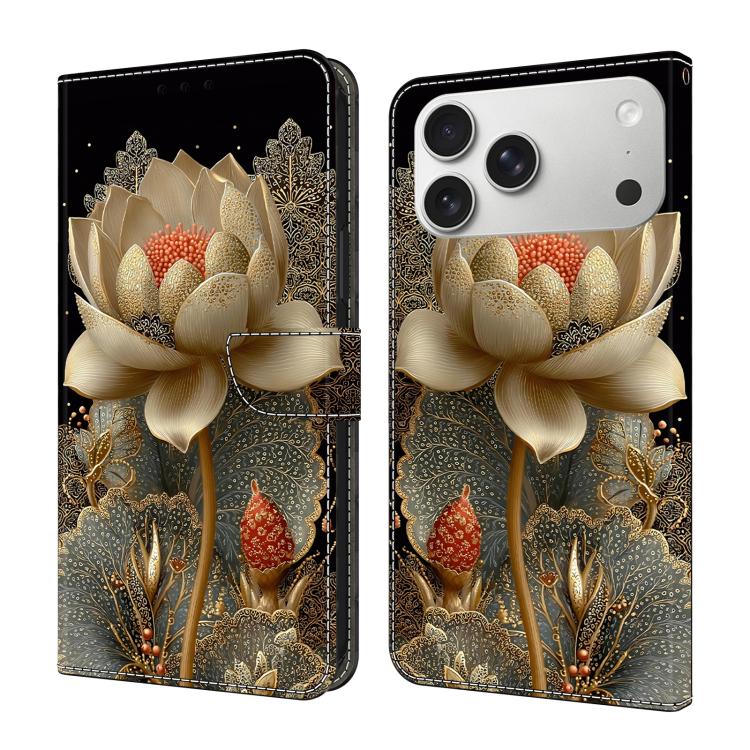 For iPhone 17 Pro Max Crystal-Like Painted Vegan Leather Phone Case(Golden Lotus)
