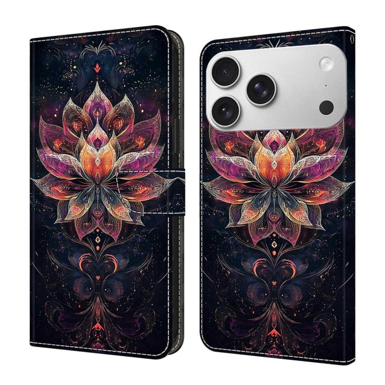 For iPhone 17 Pro Max Crystal-Like Painted Vegan Leather Phone Case(Golden Lotus Flower)