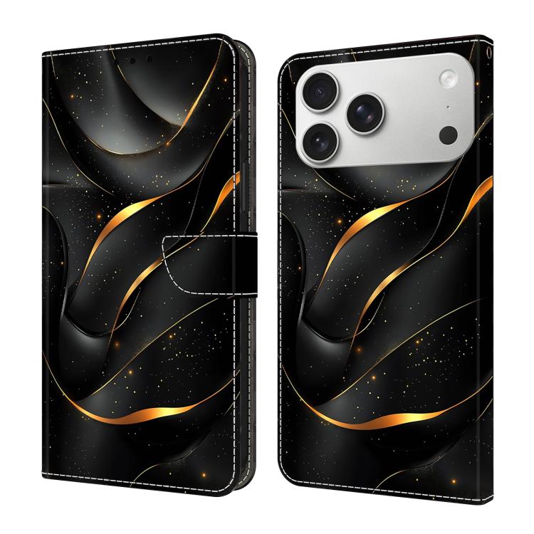 For iPhone 17 Pro Max Crystal-Like Painted Vegan Leather Phone Case(Golden Ribbon)