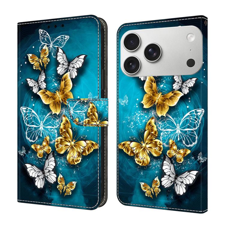 For iPhone 17 Pro Max Crystal-Like Painted Vegan Leather Phone Case(Green Butterfly)