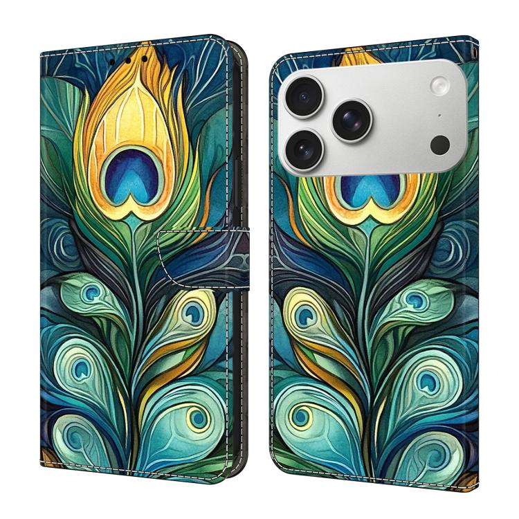 For iPhone 17 Pro Max Crystal-Like Painted Vegan Leather Phone Case(Kingfisher Feathers)