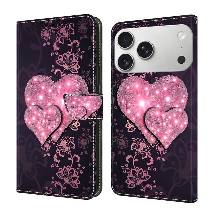 For iPhone 17 Pro Max Crystal-Like Painted Vegan Leather Phone Case(Lace Heart Peach)