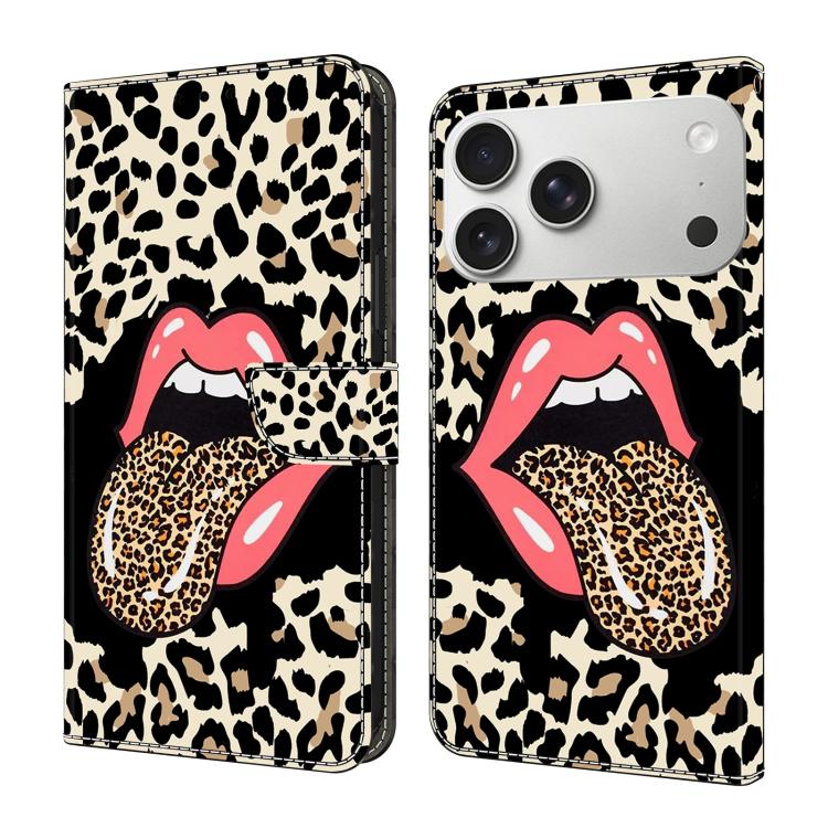 For iPhone 17 Pro Max Crystal-Like Painted Vegan Leather Phone Case(Leopard-print Tongue)