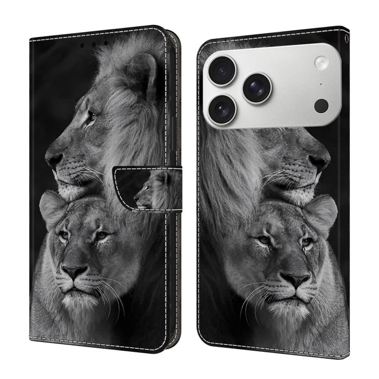 For iPhone 17 Pro Max Crystal-Like Painted Vegan Leather Phone Case(Lions)
