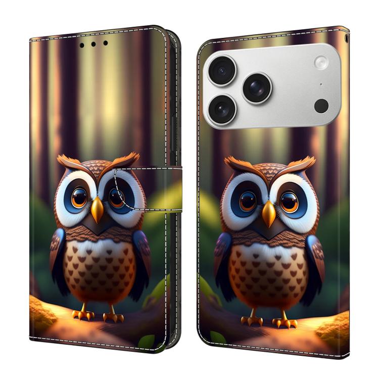 For iPhone 17 Pro Max Crystal-Like Painted Vegan Leather Phone Case(Little Brown Owl)