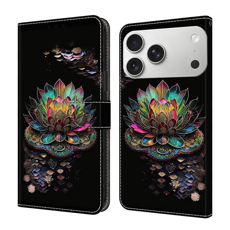 For iPhone 17 Pro Max Crystal-Like Painted Vegan Leather Phone Case(Lotus)
