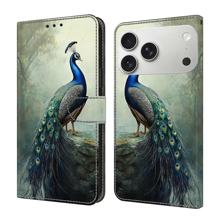 For iPhone 17 Pro Max Crystal-Like Painted Vegan Leather Phone Case(Peacock)