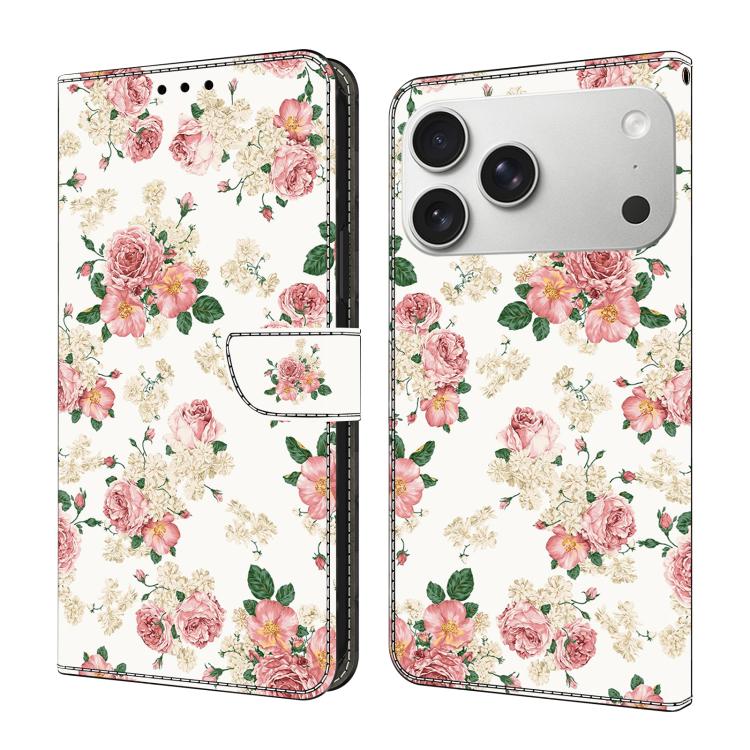 For iPhone 17 Pro Max Crystal-Like Painted Vegan Leather Phone Case(Peony)