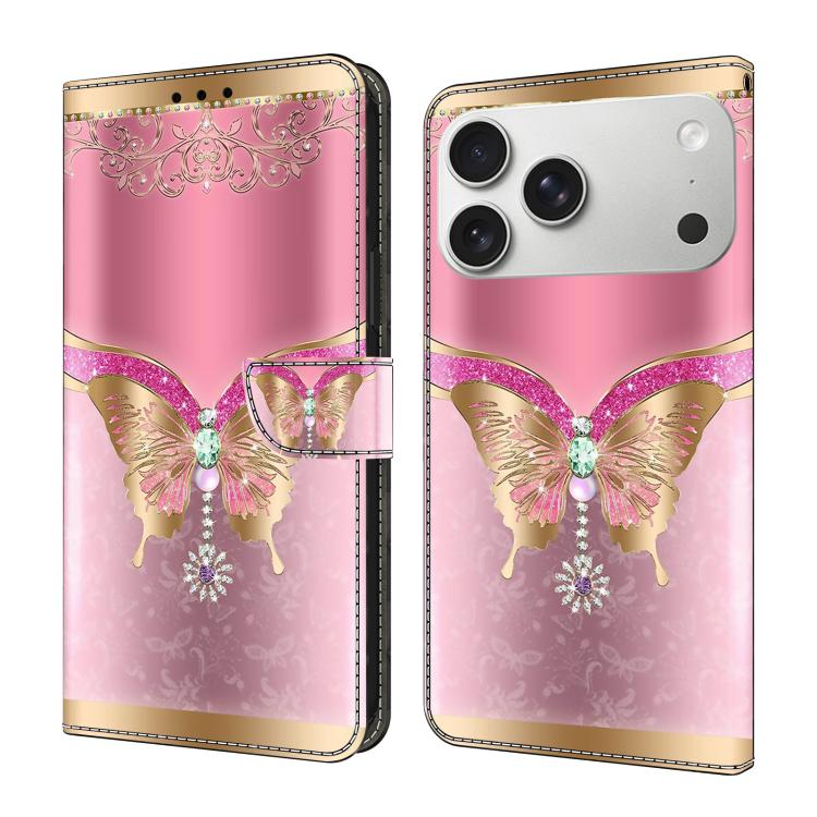 For iPhone 17 Pro Max Crystal-Like Painted Vegan Leather Phone Case(Pink Base Diamond Butterfly)