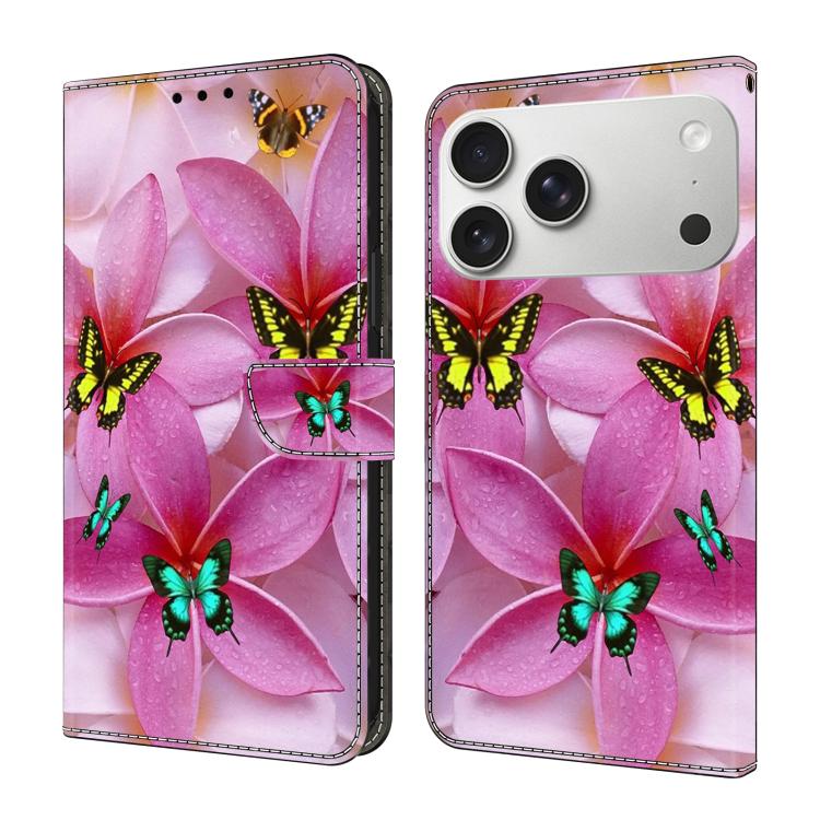For iPhone 17 Pro Max Crystal-Like Painted Vegan Leather Phone Case(Pink Butterfly)