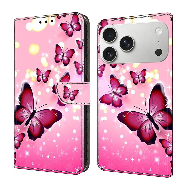 For iPhone 17 Pro Max Crystal-Like Painted Vegan Leather Phone Case(Pink Butterfly)