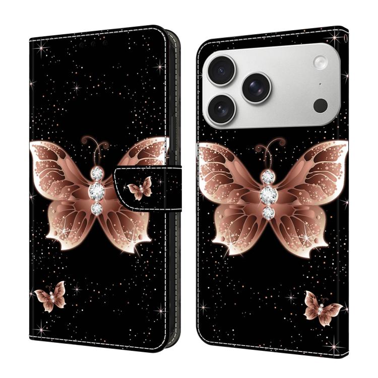 For iPhone 17 Pro Max Crystal-Like Painted Vegan Leather Phone Case(Pink Diamond Butterfly)