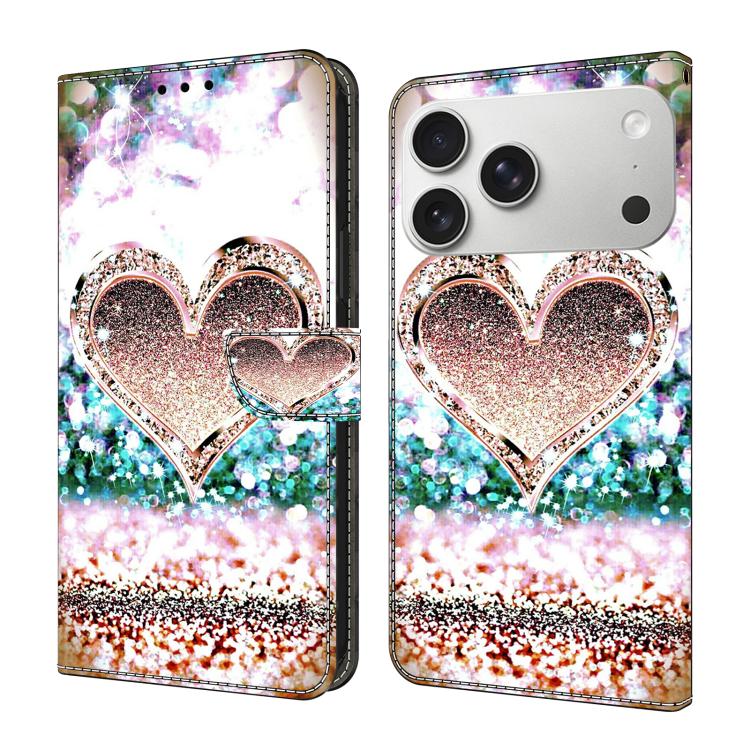 For iPhone 17 Pro Max Crystal-Like Painted Vegan Leather Phone Case(Pink Diamond Heart Peach)
