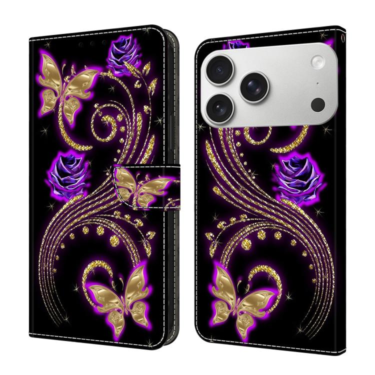 For iPhone 17 Pro Max Crystal-Like Painted Vegan Leather Phone Case(Purple Flower Butterfly)