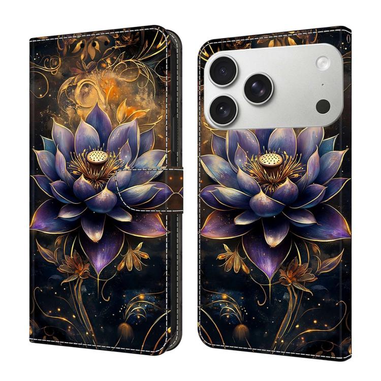 For iPhone 17 Pro Max Crystal-Like Painted Vegan Leather Phone Case(Purple Lotus Flower)