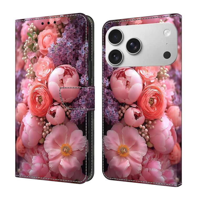 For iPhone 17 Pro Max Crystal-Like Painted Vegan Leather Phone Case(Ranunculus)