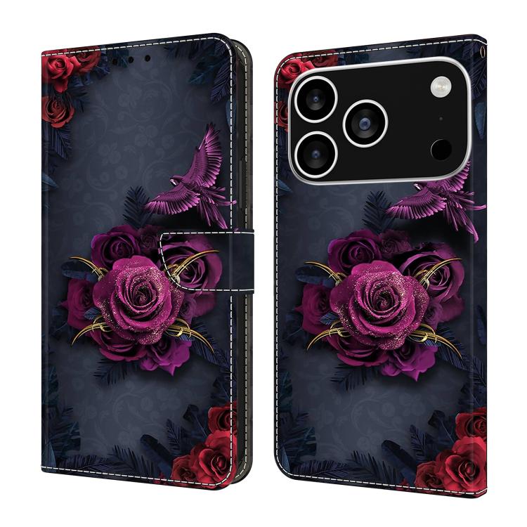 For iPhone 17 Pro Max Crystal-Like Painted Vegan Leather Phone Case(Red Purple Flowers)