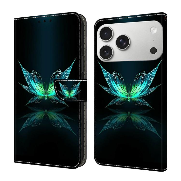 For iPhone 17 Pro Max Crystal-Like Painted Vegan Leather Phone Case(Reflection Butterfly)
