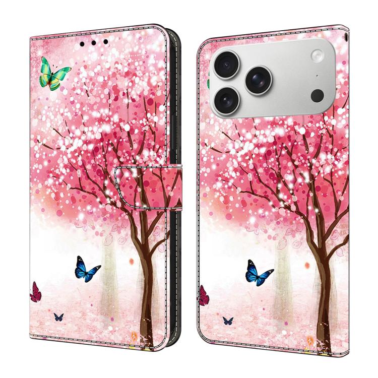 For iPhone 17 Pro Max Crystal-Like Painted Vegan Leather Phone Case(Sakura Butterfly)