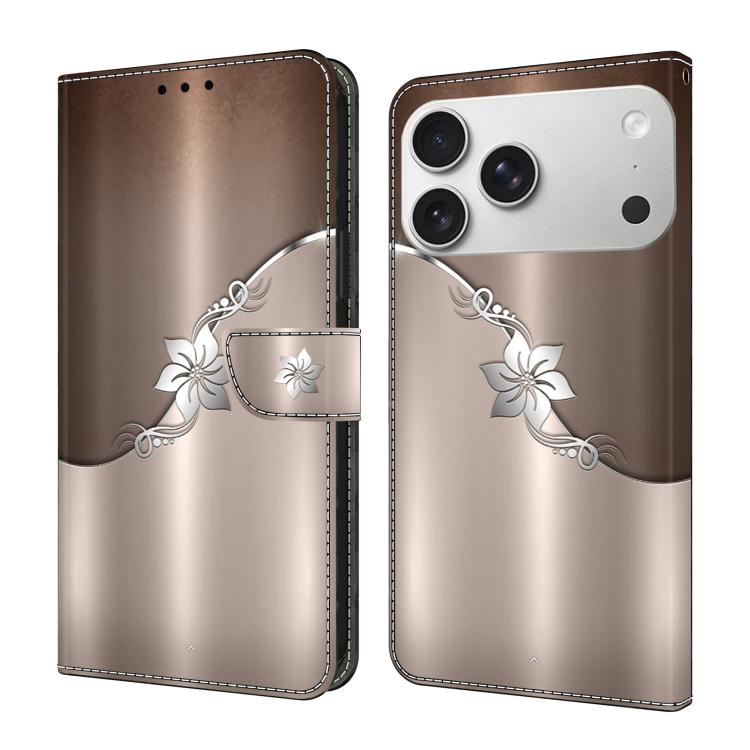 For iPhone 17 Pro Max Crystal-Like Painted Vegan Leather Phone Case(Silver Flowers)