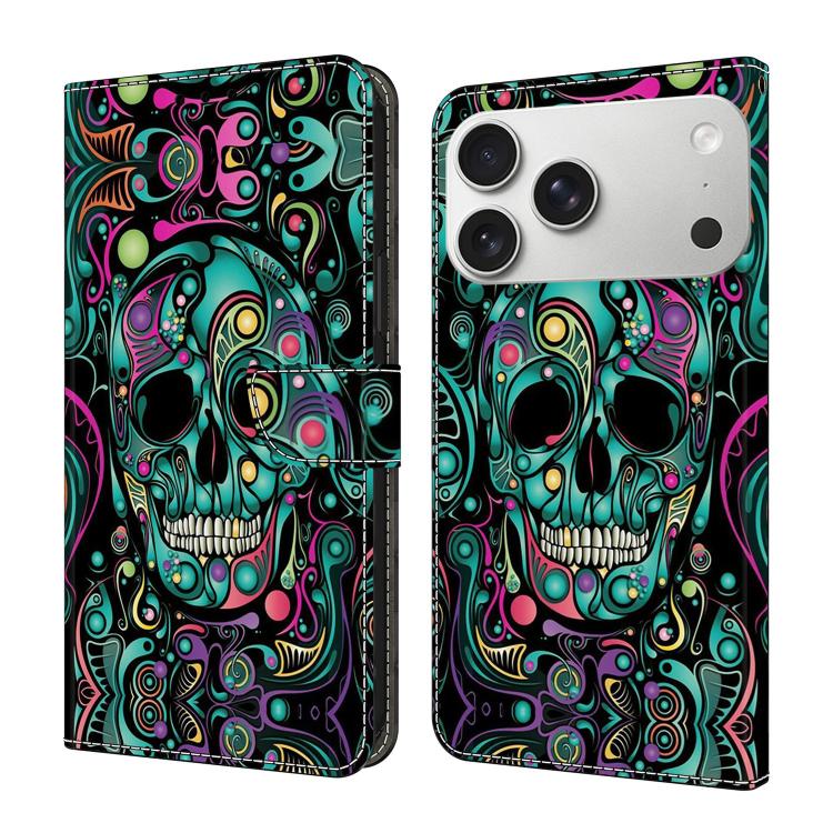 For iPhone 17 Pro Max Crystal-Like Painted Vegan Leather Phone Case(Skull)