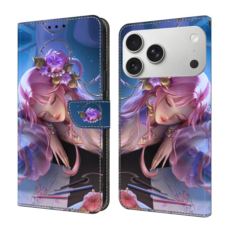 For iPhone 17 Pro Max Crystal-Like Painted Vegan Leather Phone Case(Sleeping Beauty)