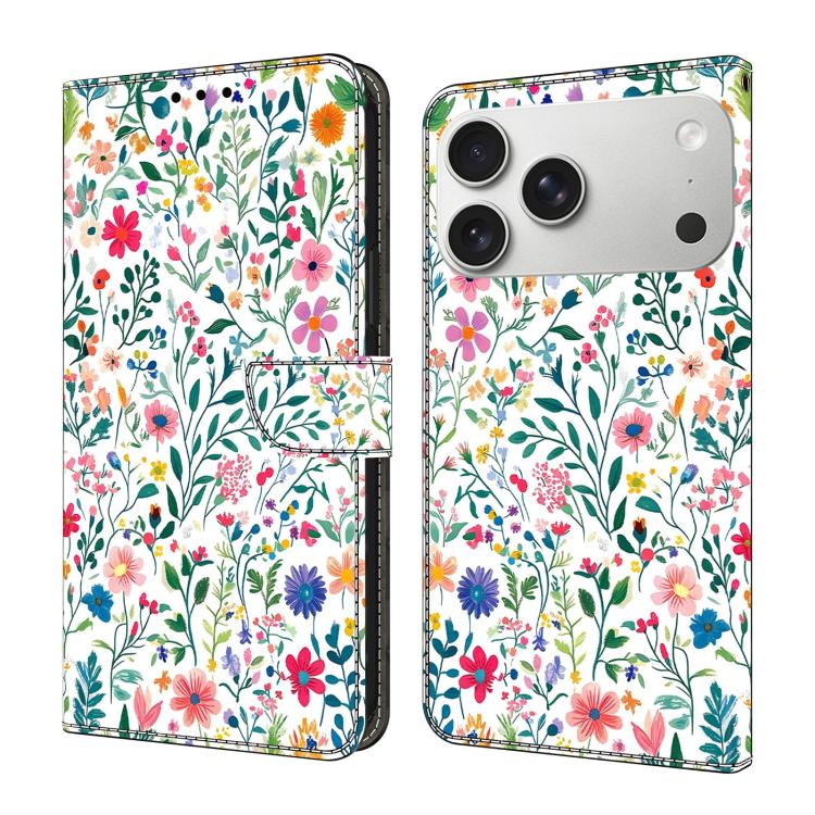 For iPhone 17 Pro Max Crystal-Like Painted Vegan Leather Phone Case(Small Flowerbed)