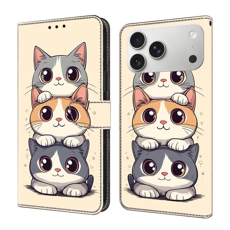 For iPhone 17 Pro Max Crystal-Like Painted Vegan Leather Phone Case(Stacking Cats)