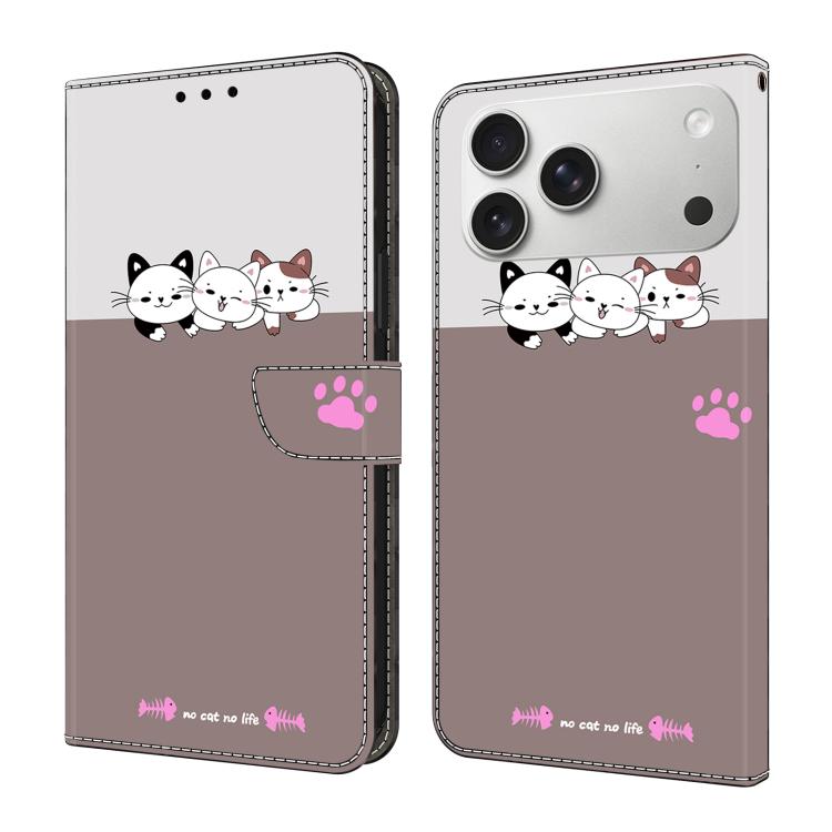 For iPhone 17 Pro Max Crystal-Like Painted Vegan Leather Phone Case(Three Cats)
