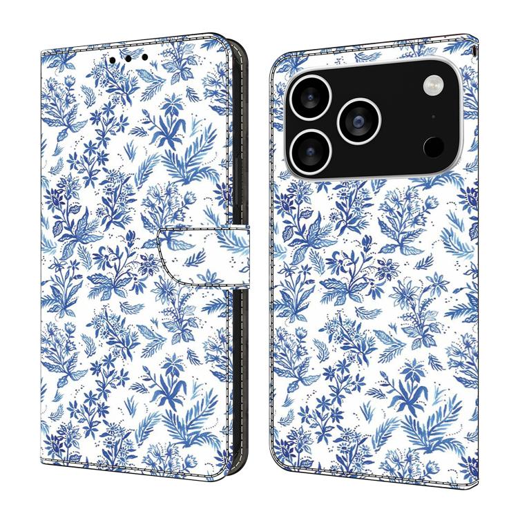 For iPhone 17 Pro Max Crystal-Like Painted Vegan Leather Phone Case(Watercolor Flowers Plants)