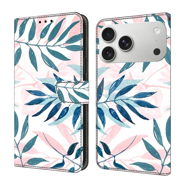 For iPhone 17 Pro Max Crystal-Like Painted Vegan Leather Phone Case(Watercolor Leaves)