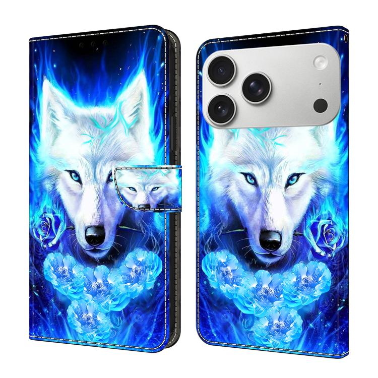 For iPhone 17 Pro Max Crystal-Like Painted Vegan Leather Phone Case(White-furred Wolf)
