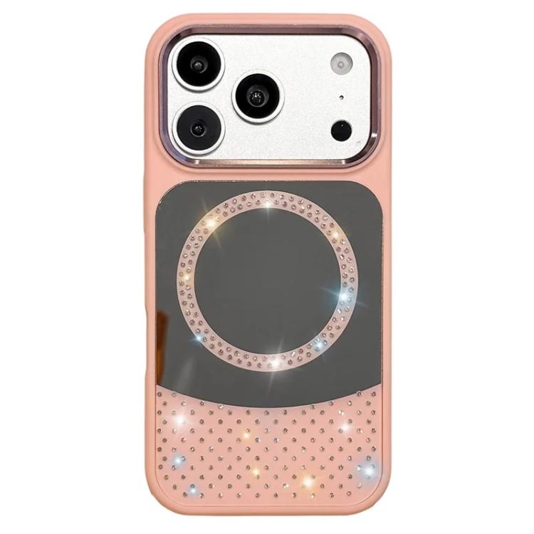 For iPhone 17 Pro Max Crystal Mirror Surface Rhinestone Magnetic Phone Case(Pink)
